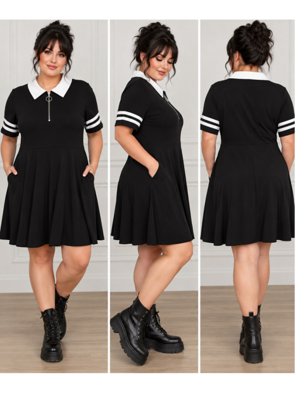 Hot Topic Plus Size 2 Black White Collared Dress O-Ring Zip Gothic Wednesday
